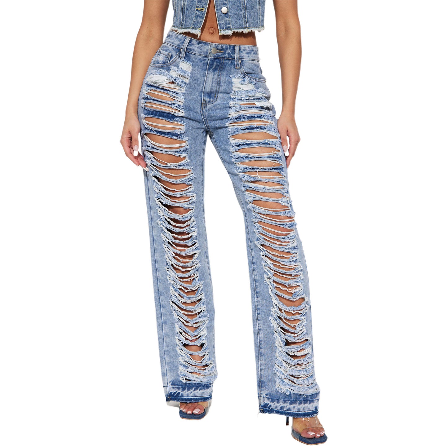 2024 new straight jeans female broken holes high waist fashion high street denim trousers