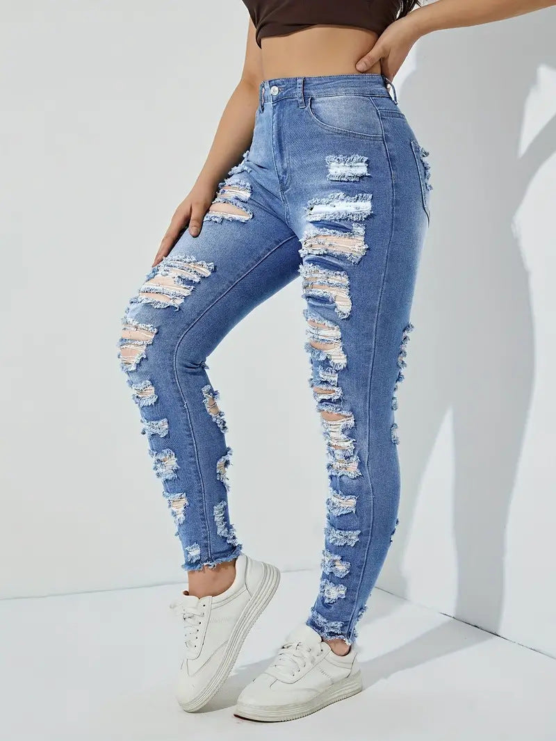 2024 new straight jeans female broken holes high waist fashion high street denim trousers