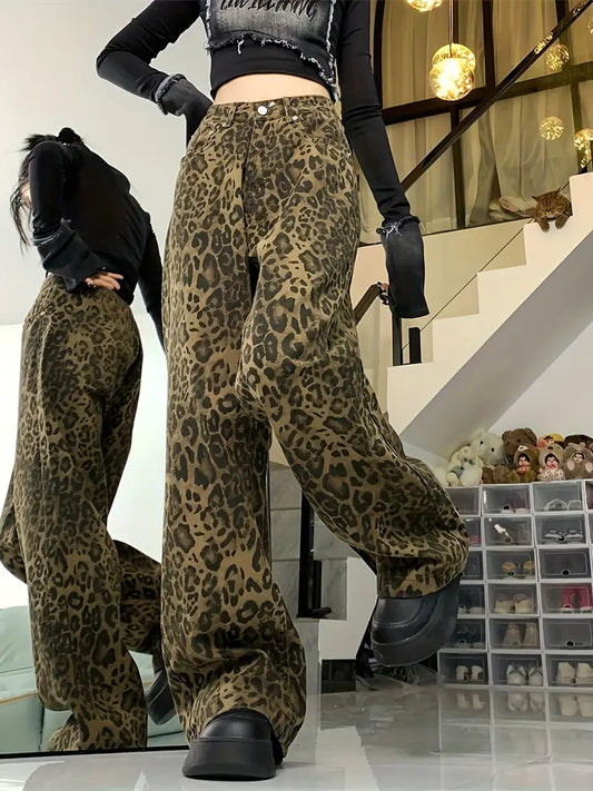 Vintage Leopard Print Straight Leg Casual Pants