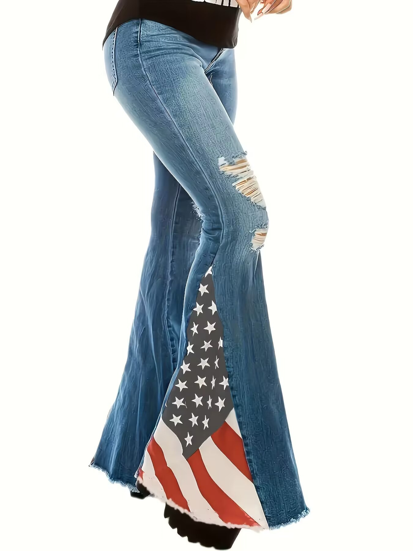 Americana Print Blue Flare Jeans (Medium Wash)