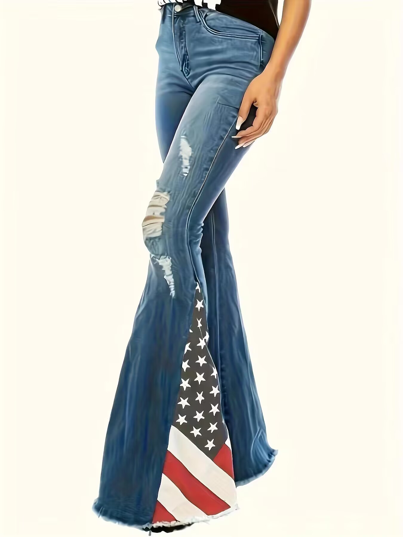 Americana Print Blue Flare Jeans (Medium Wash)