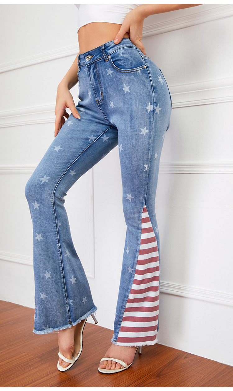 Americana Print Blue Flare Jeans (Medium Wash)