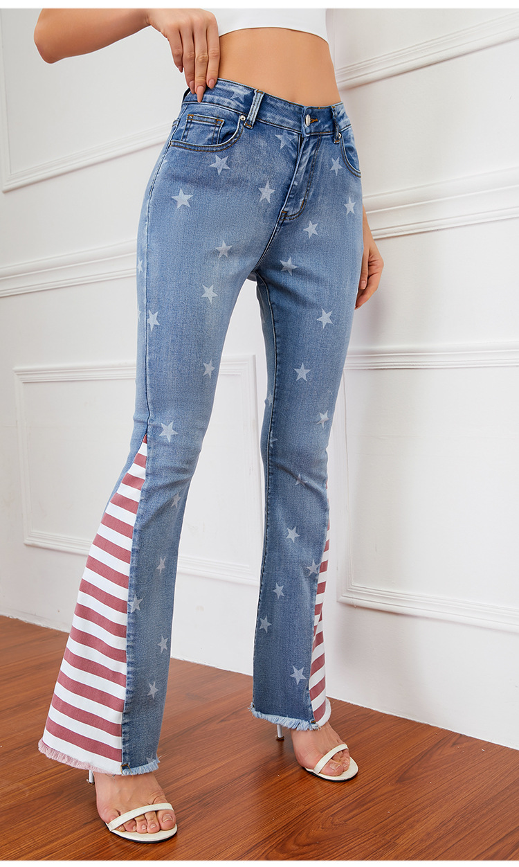 Americana Print Blue Flare Jeans (Medium Wash)