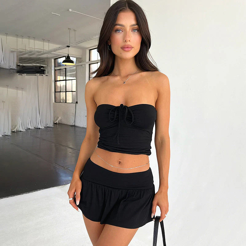 Summer Girl Solid Color Skirt Set Halter And Strapless Drawstring Ruched Crop Top Elastic Waist Pleated Skirt Set