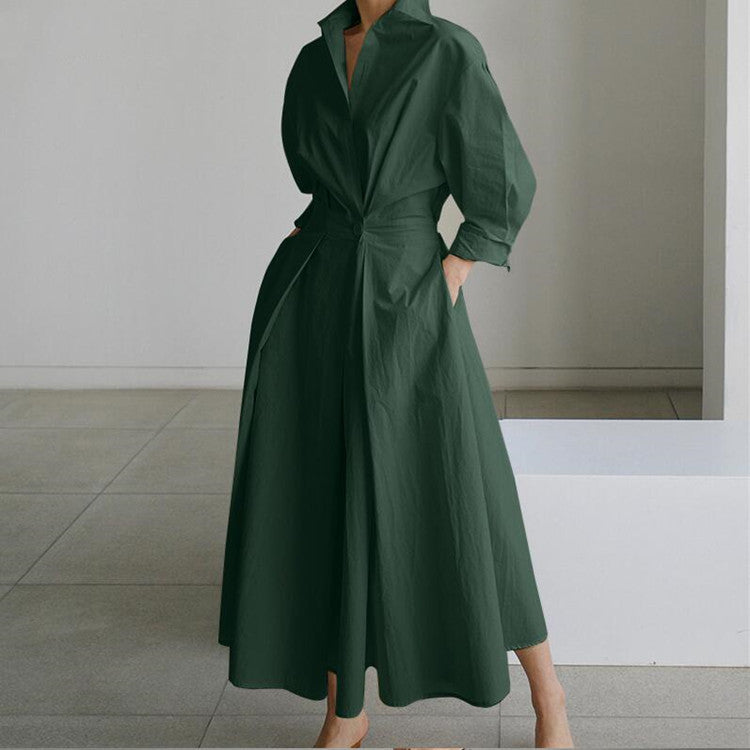 Women's Plain Cotton Lapel Shirt Wrap Dress