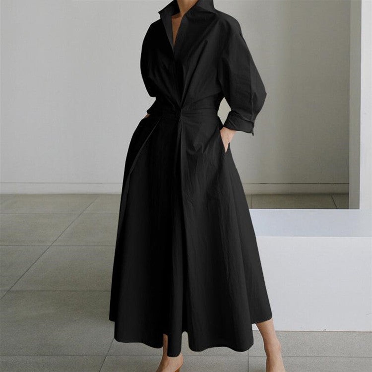 Women's Plain Cotton Lapel Shirt Wrap Dress