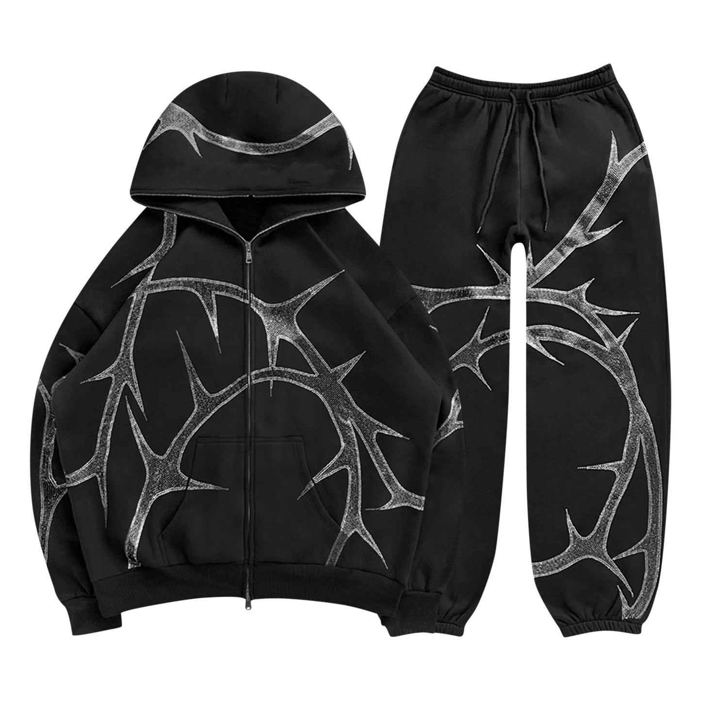 Street Hoodie Hot Rhinestone Zip Hooded Sweatshirt Set