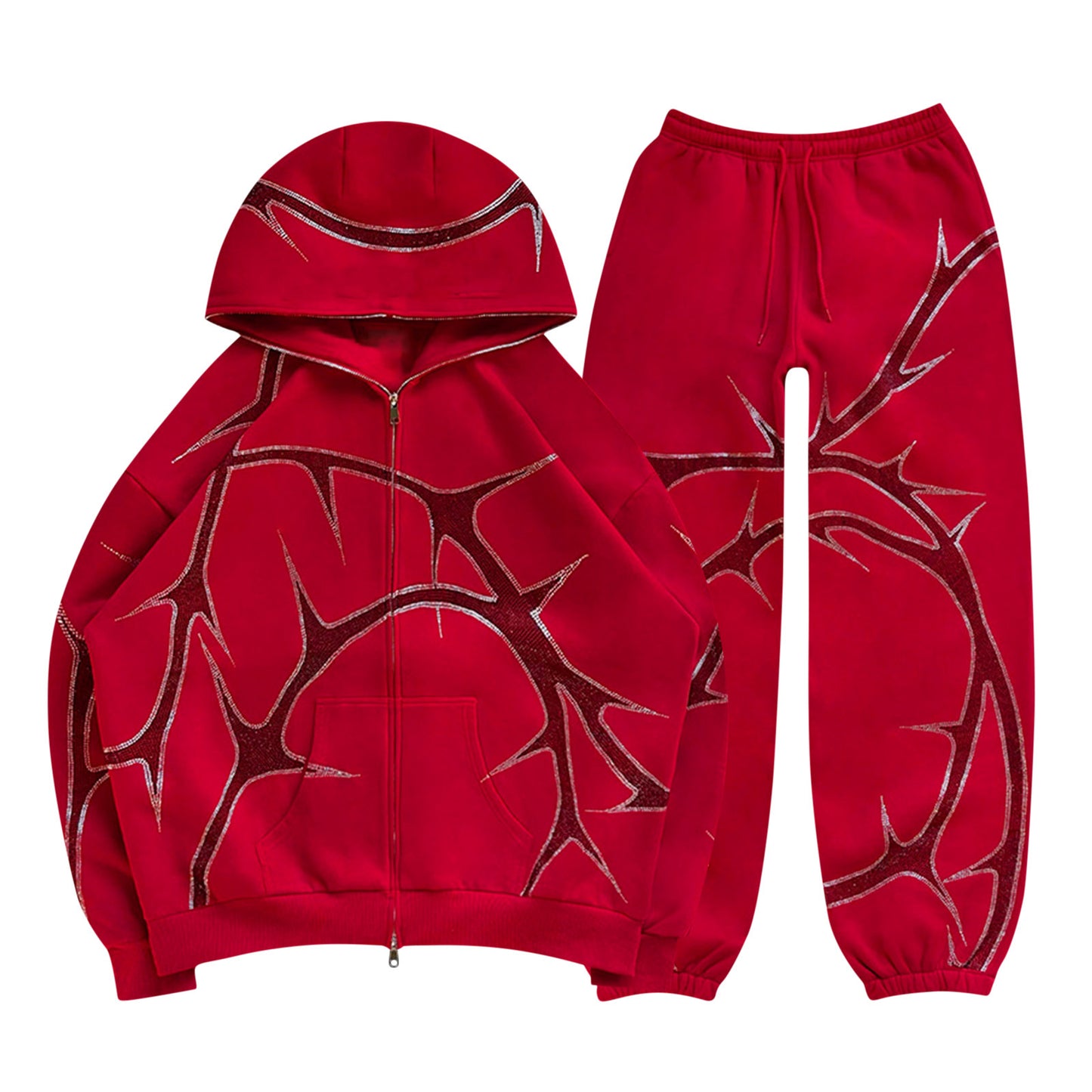 Street Hoodie Hot Rhinestone Zip Hooded Sweatshirt Set